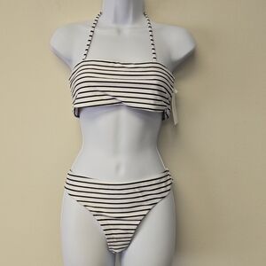 Zaful bandeau two piece bikini set black & white stripes L